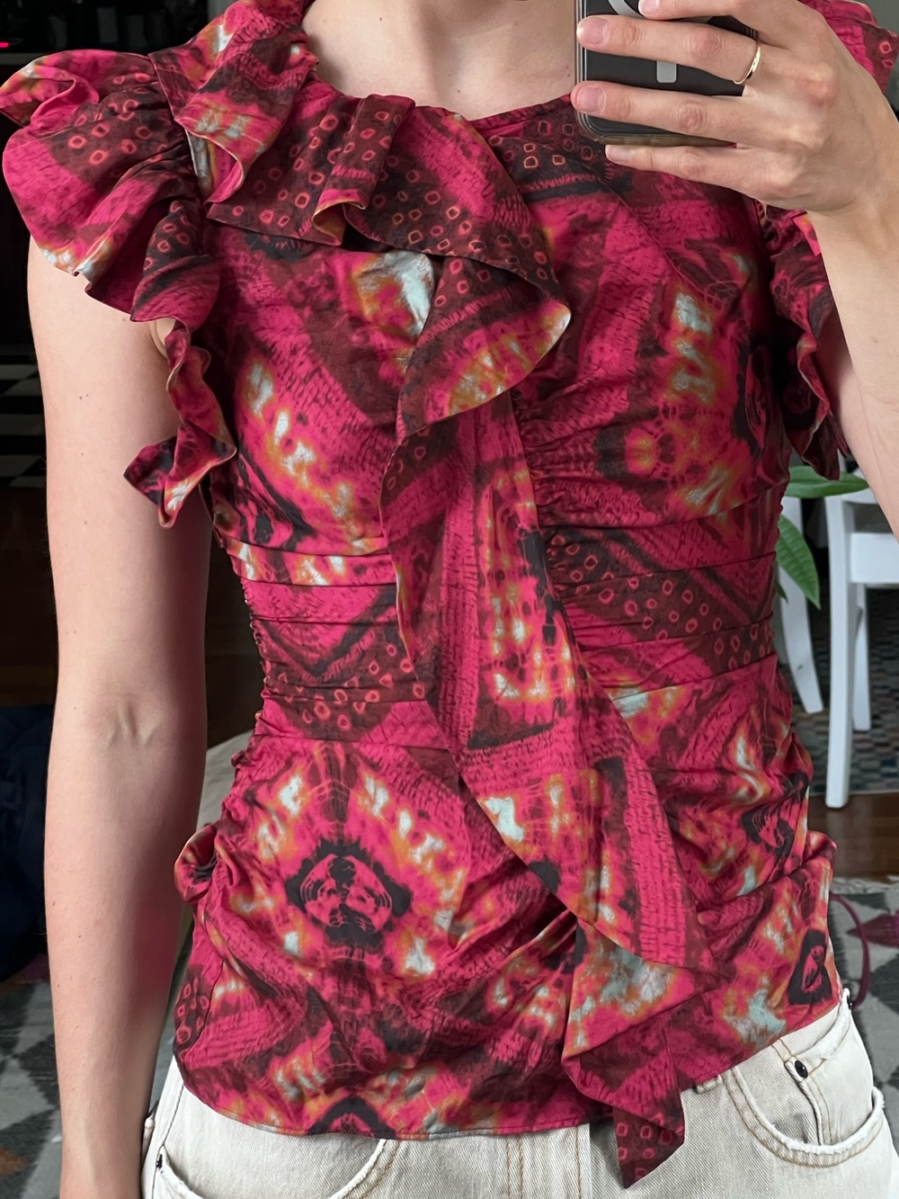 Ulla Johnson Ruffled Tie-Front Blouse in Magenta and Red Print